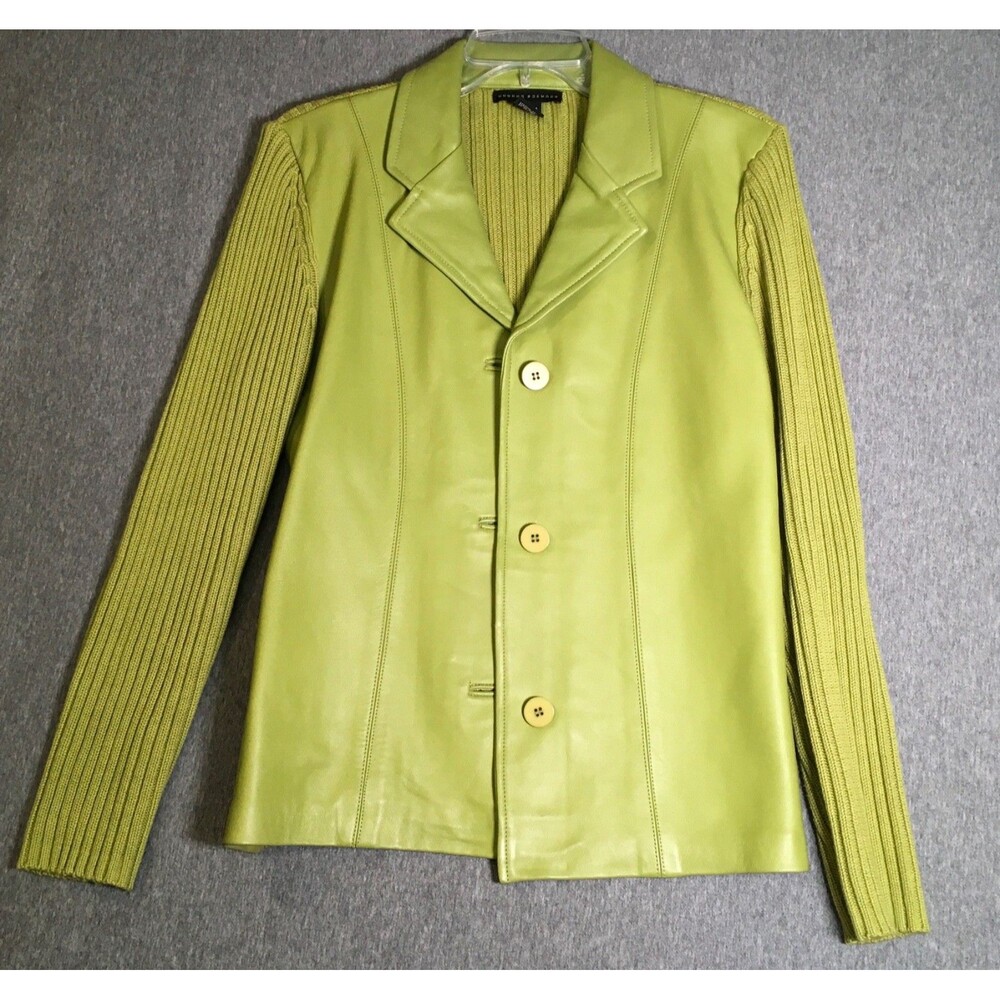 Maurice Sasson Jacket Women's Large Lime Green Leather & ‎Ribbed  Knit Sweater